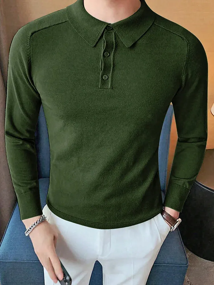 New Spring Casual Mens Knitted Polo Shirts Long-sleeved Slim Sweater Men's Tops Knit Turn-down Collar Buttoned Jumpers Male Tees