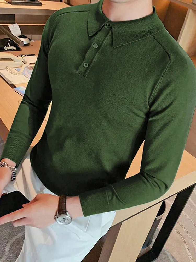 New Spring Casual Mens Knitted Polo Shirts Long-sleeved Slim Sweater Men's Tops Knit Turn-down Collar Buttoned Jumpers Male Tees