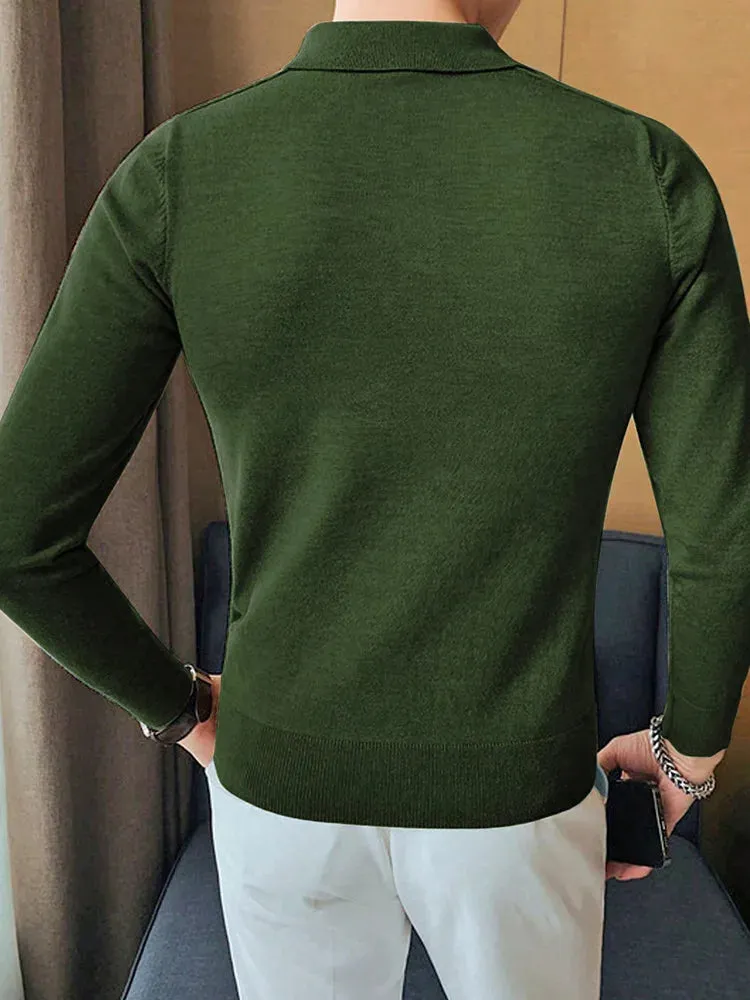 New Spring Casual Mens Knitted Polo Shirts Long-sleeved Slim Sweater Men's Tops Knit Turn-down Collar Buttoned Jumpers Male Tees