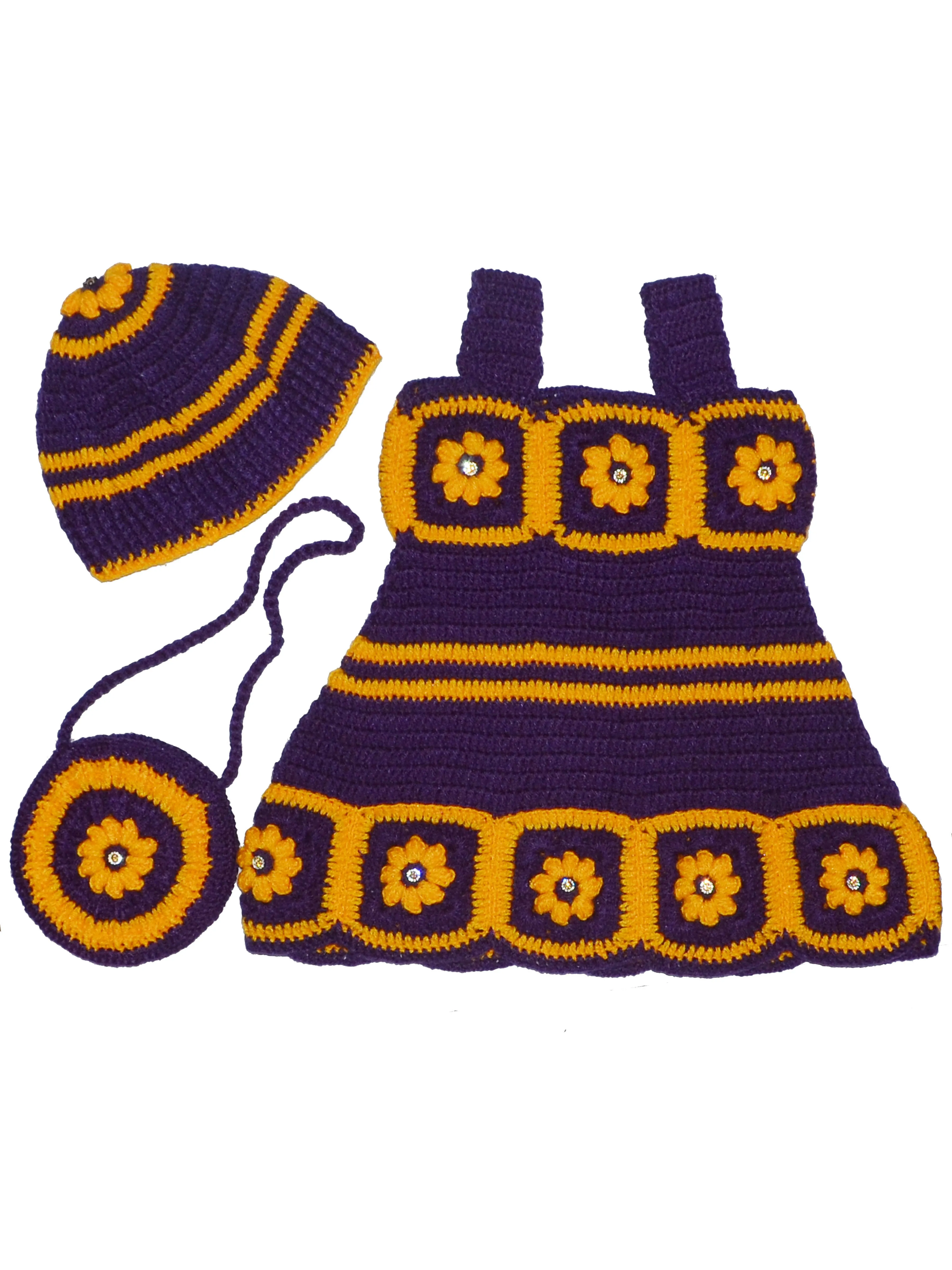 Newborn Baby Woonie Beautiful Crochet Design Sleeveless Frock - Dark Purple & Marigold