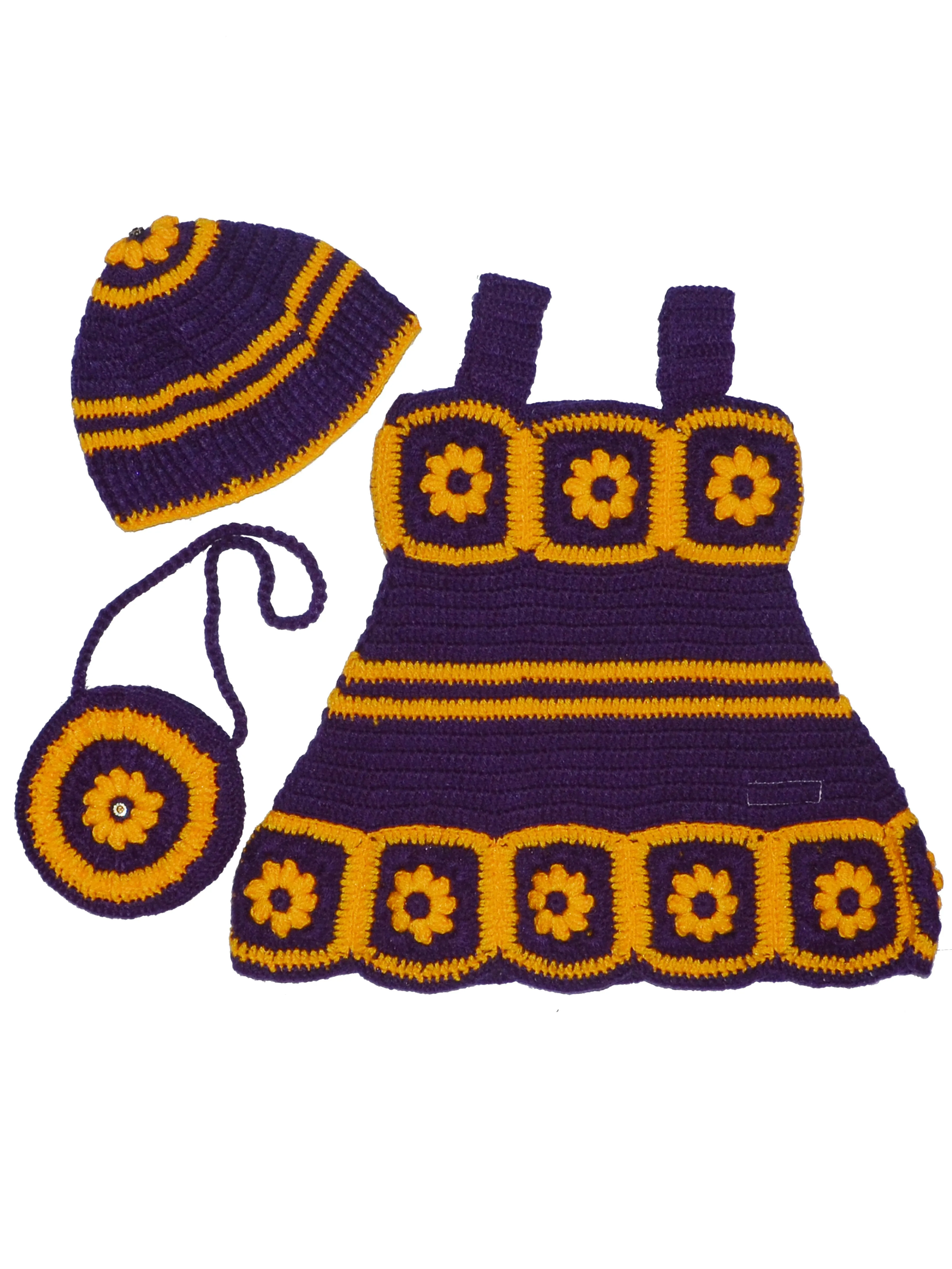 Newborn Baby Woonie Beautiful Crochet Design Sleeveless Frock - Dark Purple & Marigold