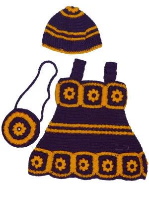 Newborn Baby Woonie Beautiful Crochet Design Sleeveless Frock - Dark Purple & Marigold