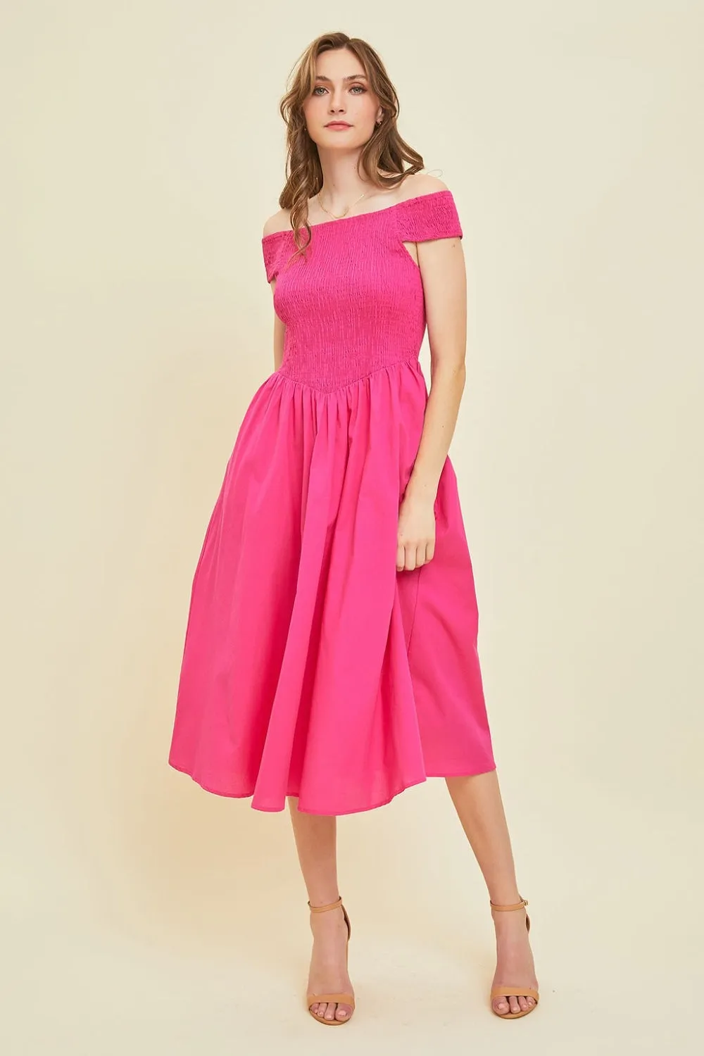 Off-Shoulder Smocked Midi Dress