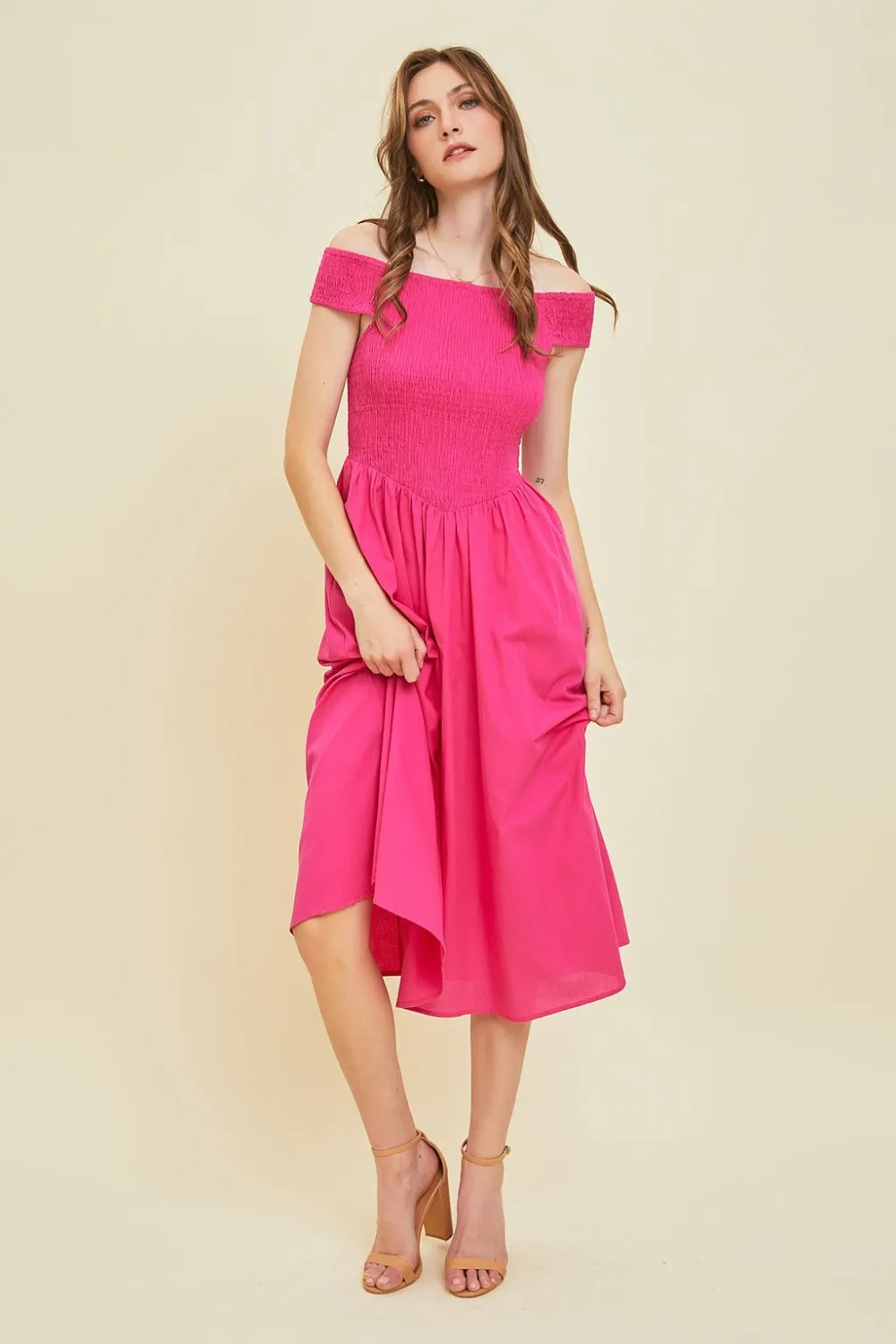 Off-Shoulder Smocked Midi Dress