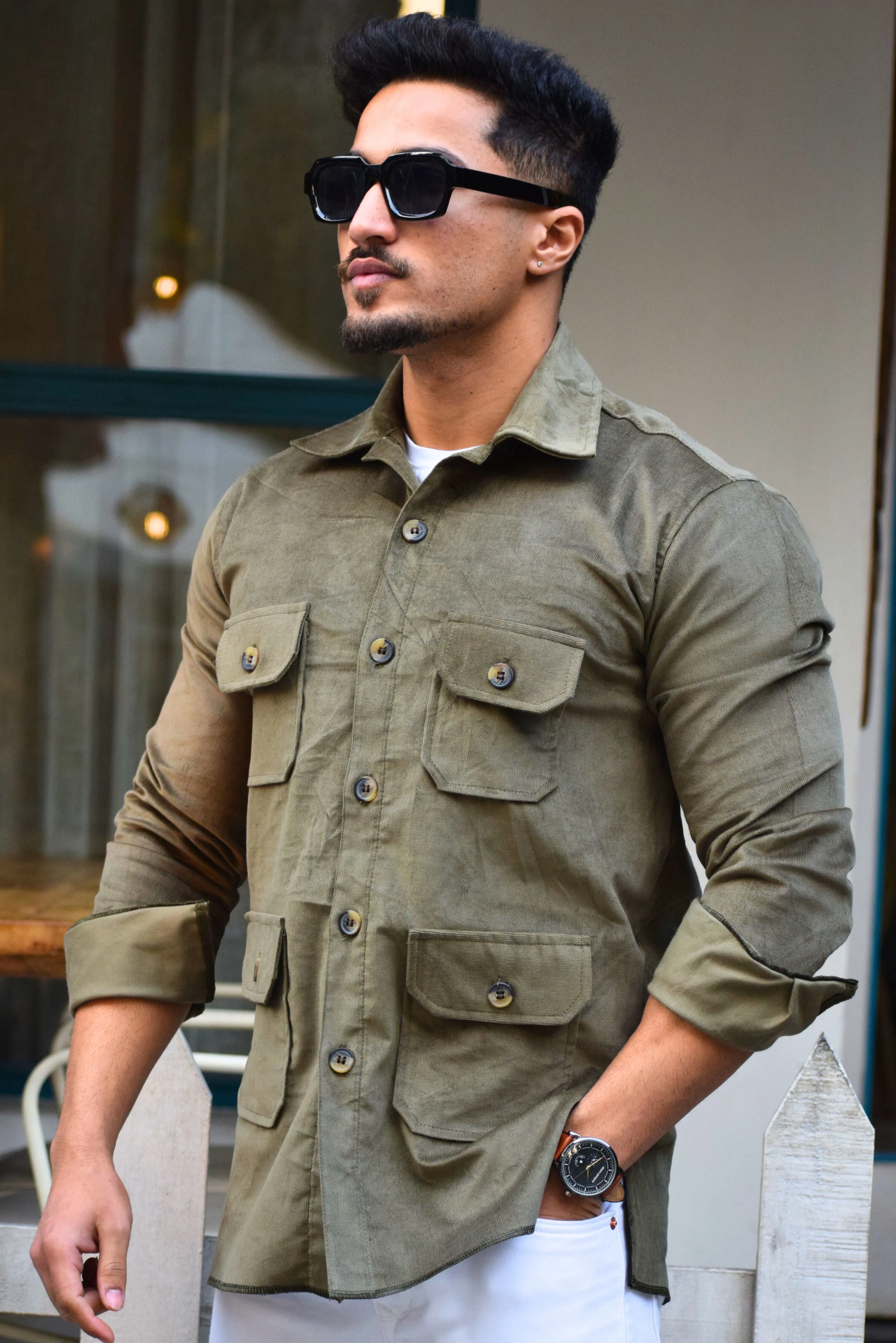 Olive-Green Corduroy Hunting Shacket for Men