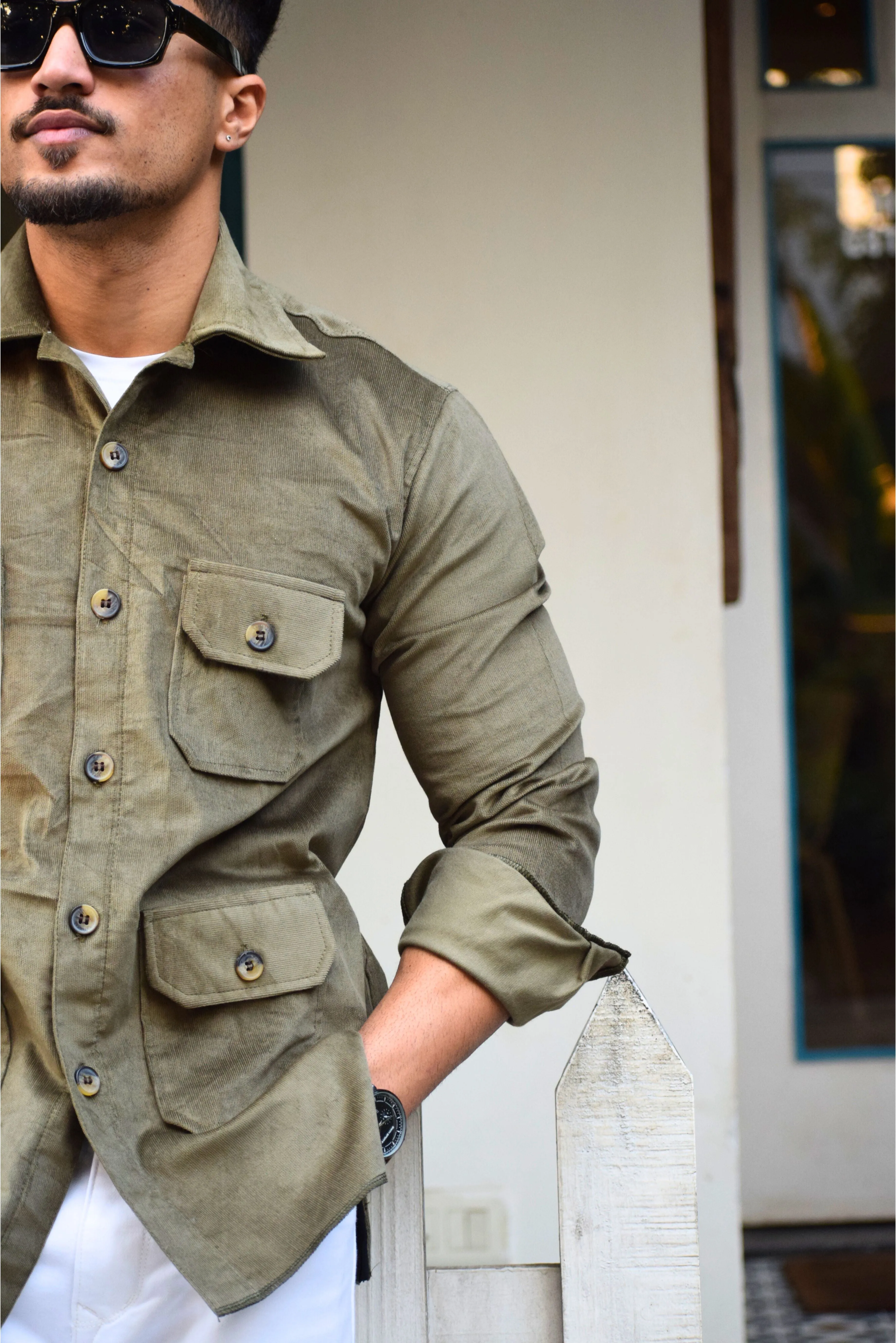 Olive-Green Corduroy Hunting Shacket for Men