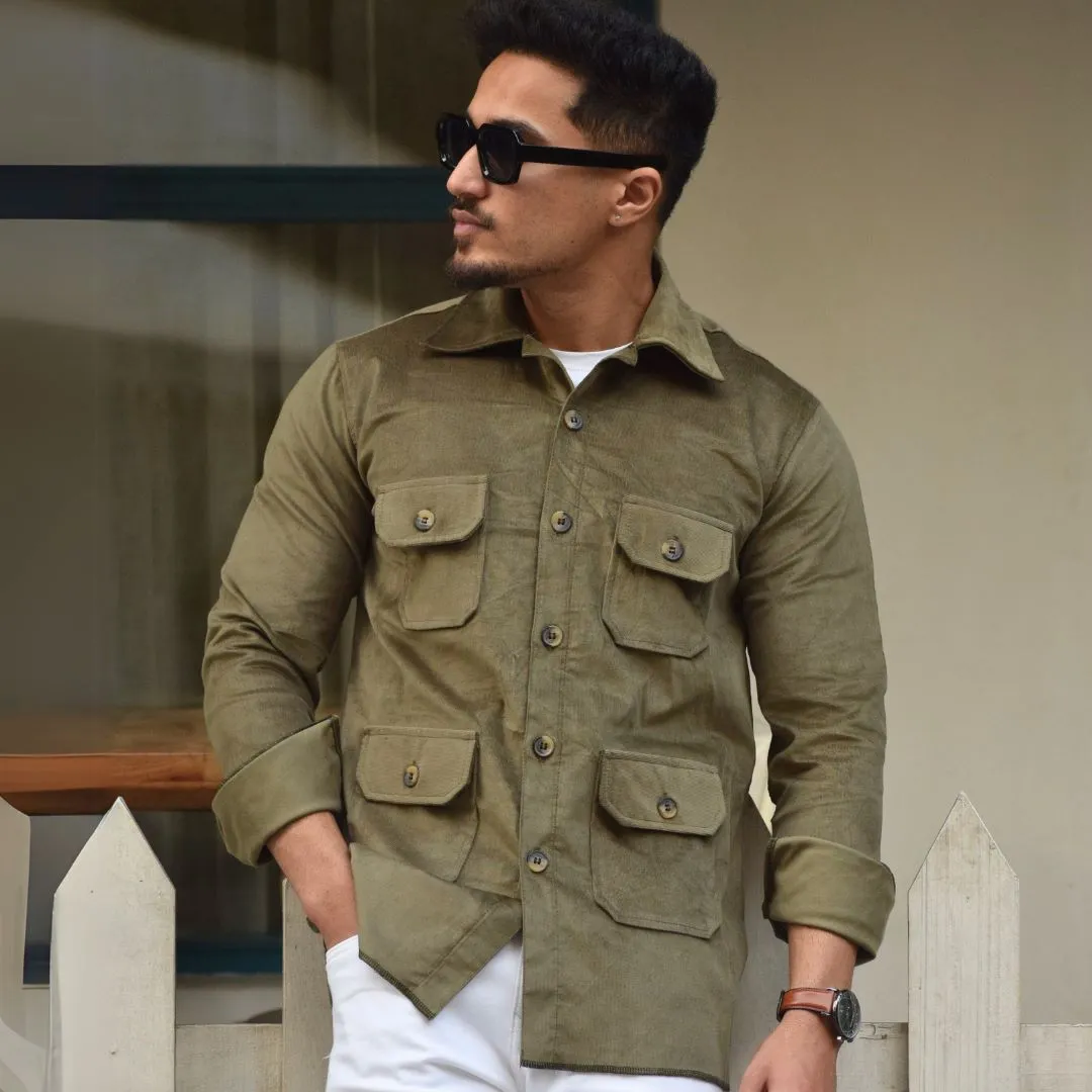 Olive-Green Corduroy Hunting Shacket for Men