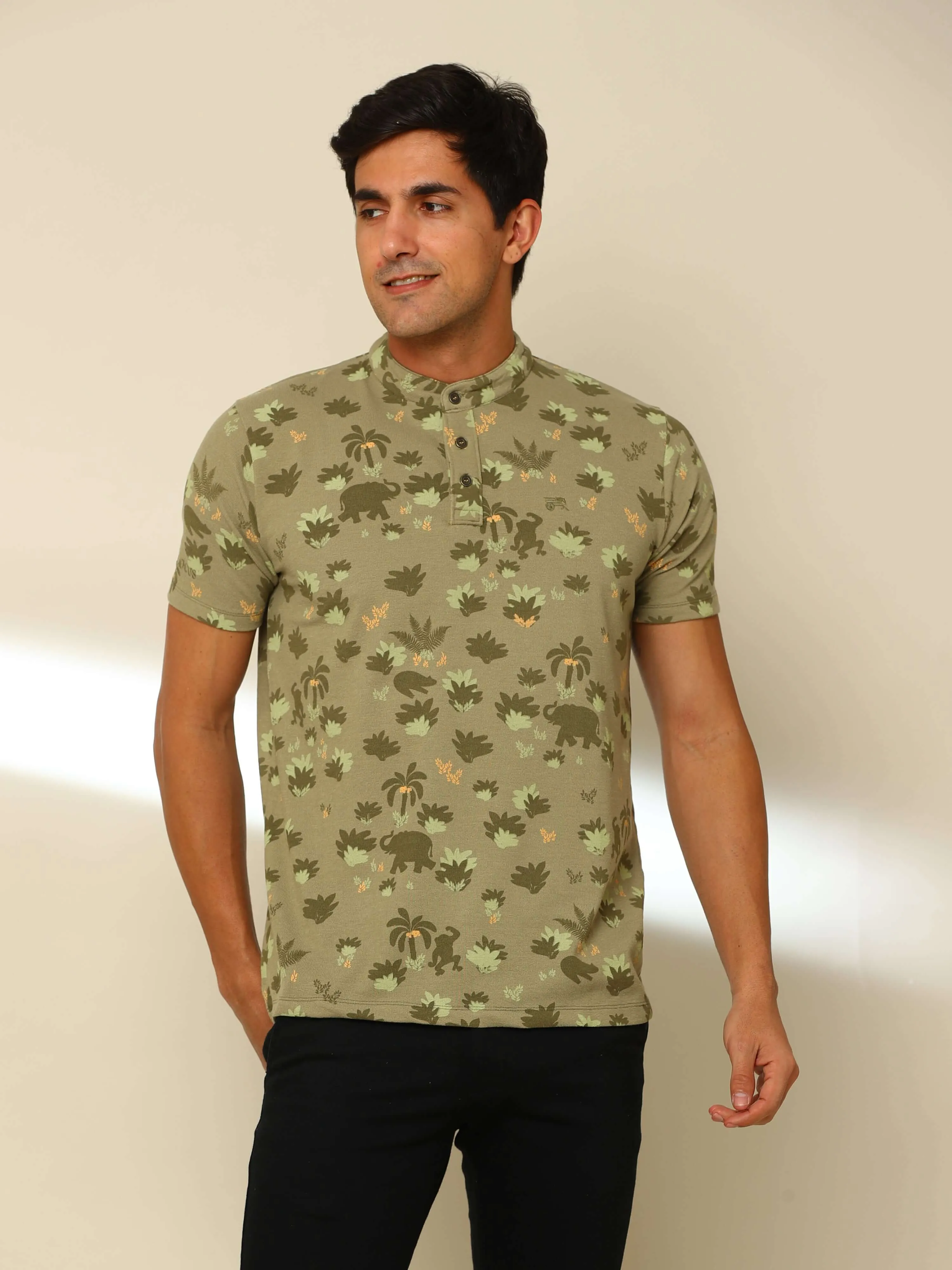 Olive Jungle Safari Henley T Shirt