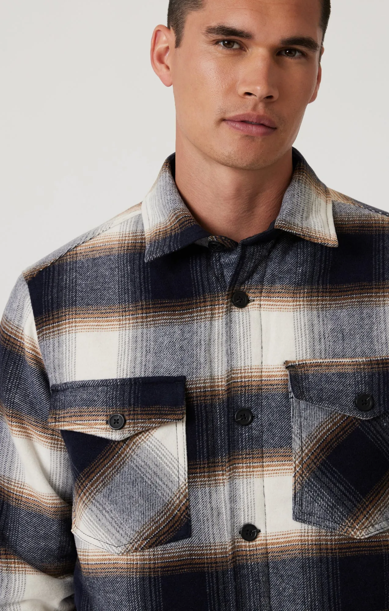 PLAID SHACKET IN BROWN CHECK