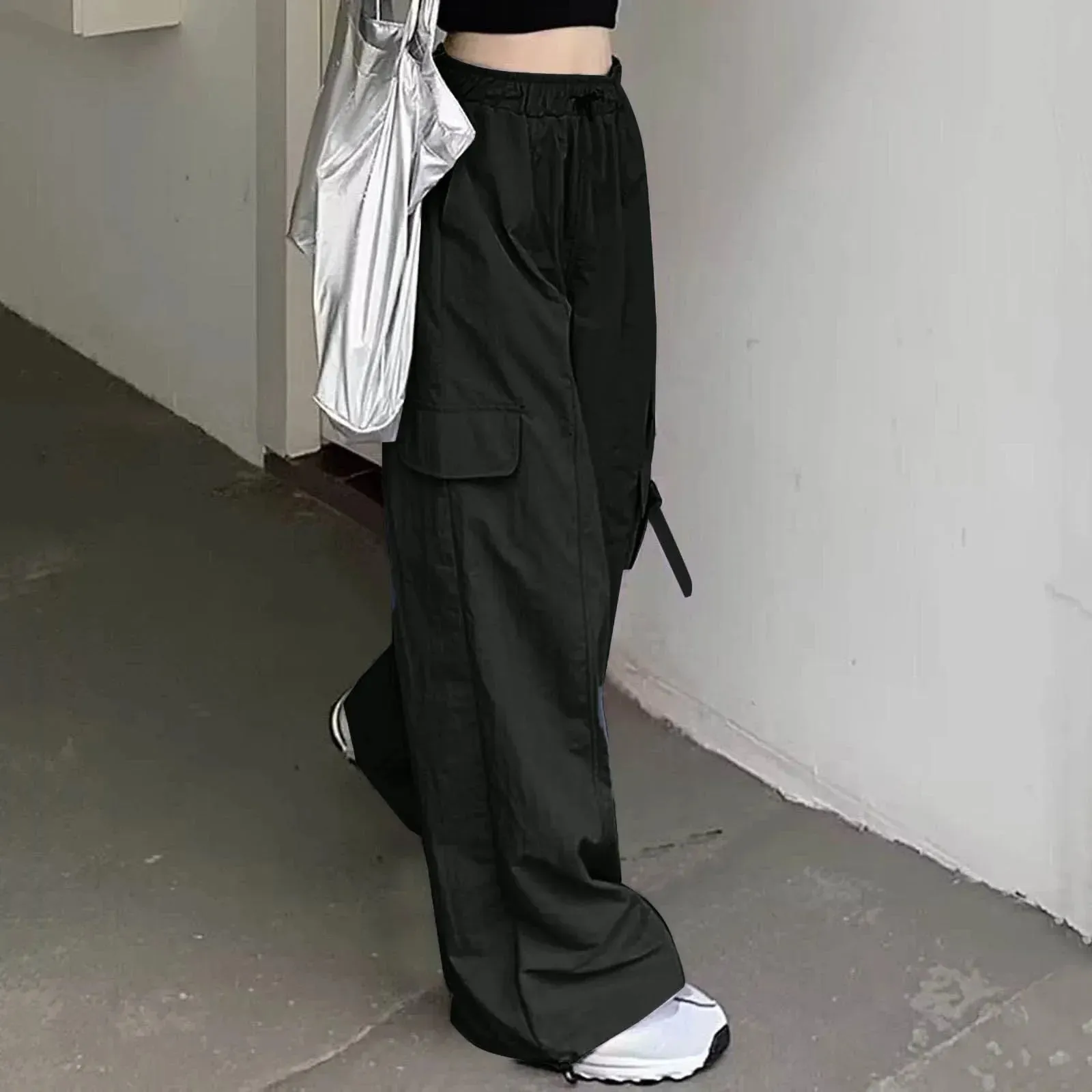 Pleated Cargo Streetwear Hip Hop Joggers Loose Wide Cropped Drawstring Pants