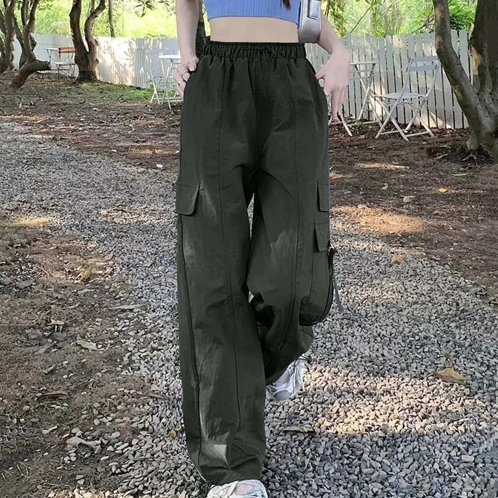 Pleated Cargo Streetwear Hip Hop Joggers Loose Wide Cropped Drawstring Pants