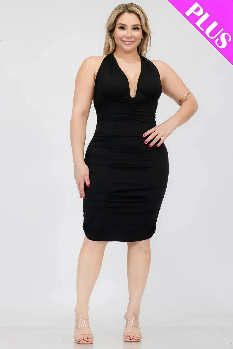 Plunging Neck Crisscross Back Ruched Bodycon Mini Dress Voluptuous ( ) Plus SIze - Ships from The US