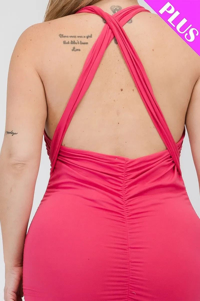 Plunging Neck Crisscross Back Ruched Bodycon Mini Dress Voluptuous ( ) Plus SIze - Ships from The US