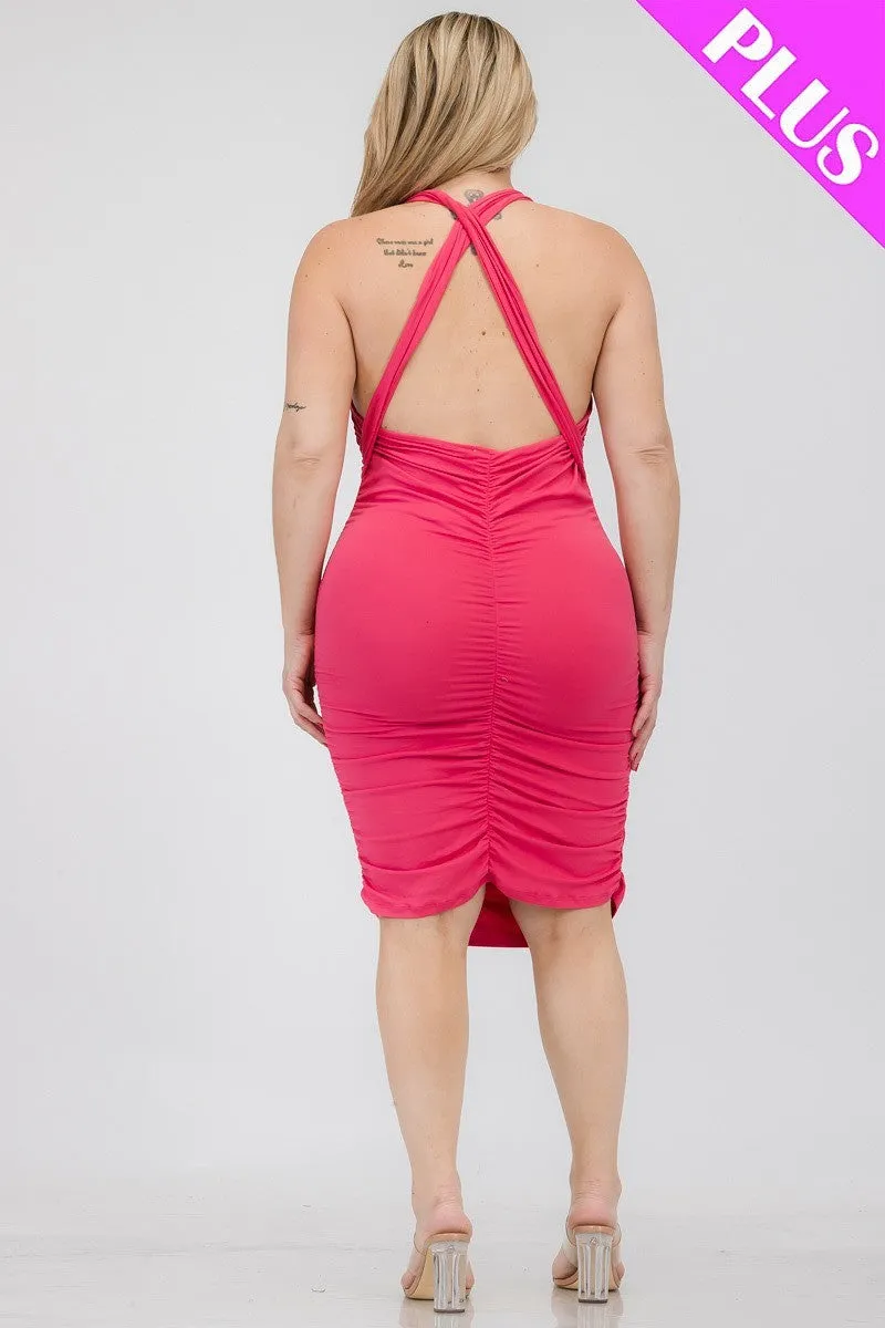 Plunging Neck Crisscross Back Ruched Bodycon Mini Dress Voluptuous ( ) Plus SIze - Ships from The US