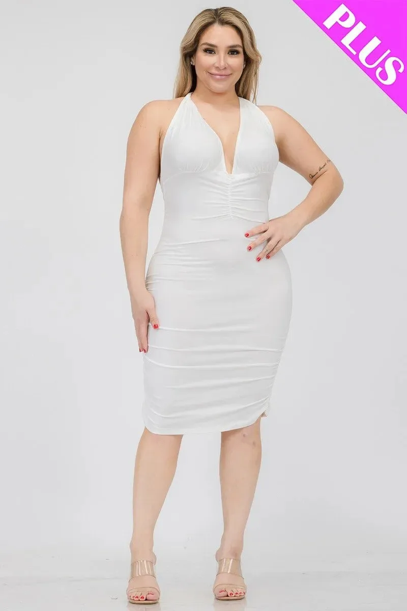 Plunging Neck Crisscross Back Ruched Bodycon Mini Dress Voluptuous ( ) Plus SIze - Ships from The US