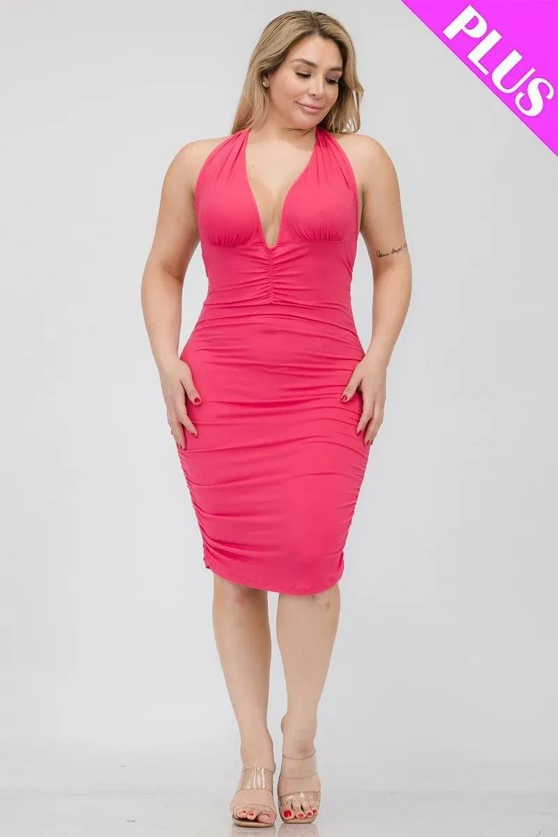 Plunging Neck Crisscross Back Ruched Bodycon Mini Dress Voluptuous ( ) Plus SIze - Ships from The US