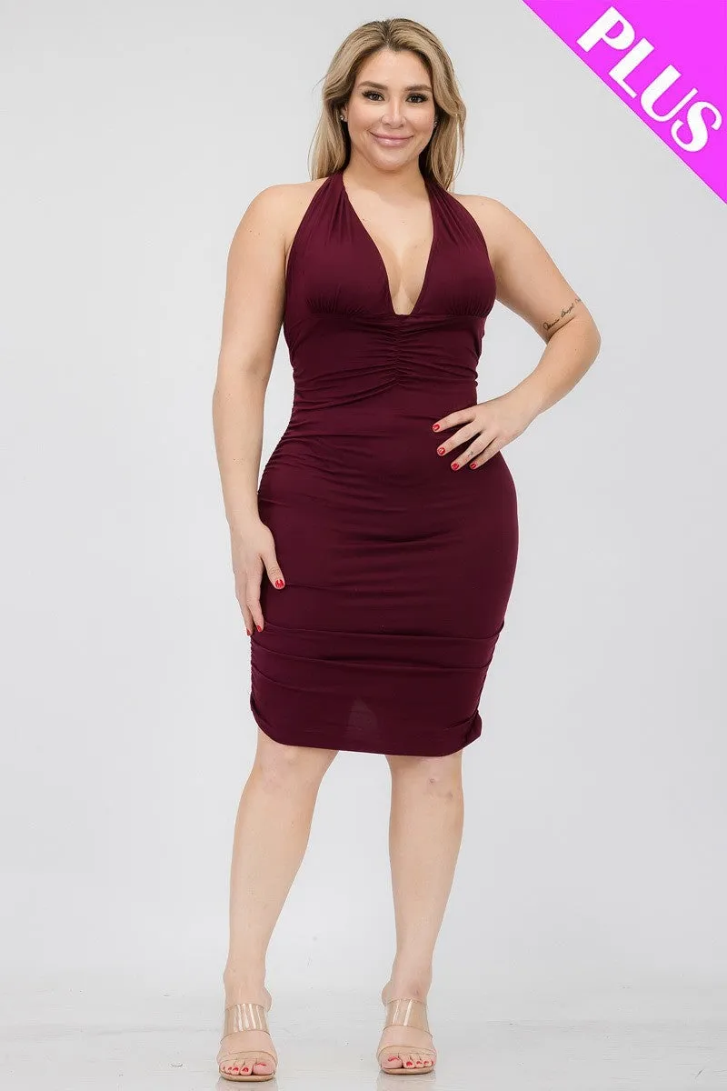 Plunging Neck Crisscross Back Ruched Bodycon Mini Dress Voluptuous ( ) Plus SIze - Ships from The US