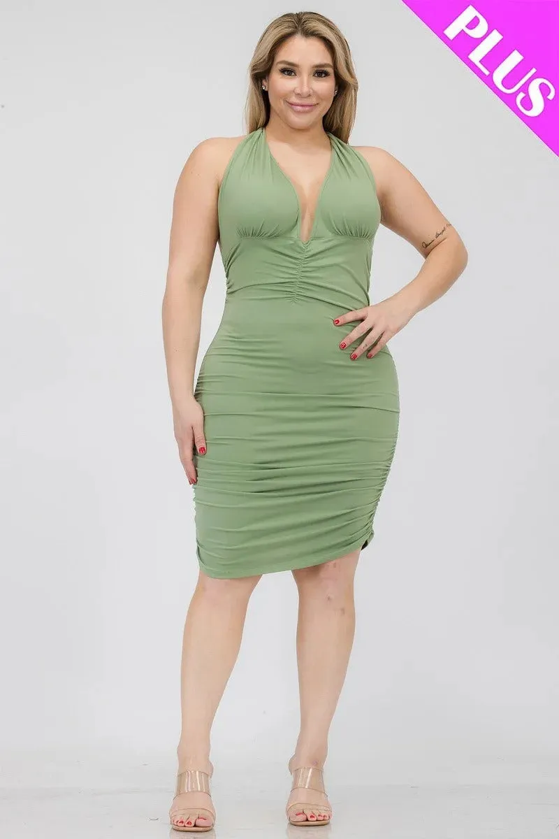 Plunging Neck Crisscross Back Ruched Bodycon Mini Dress Voluptuous ( ) Plus SIze - Ships from The US