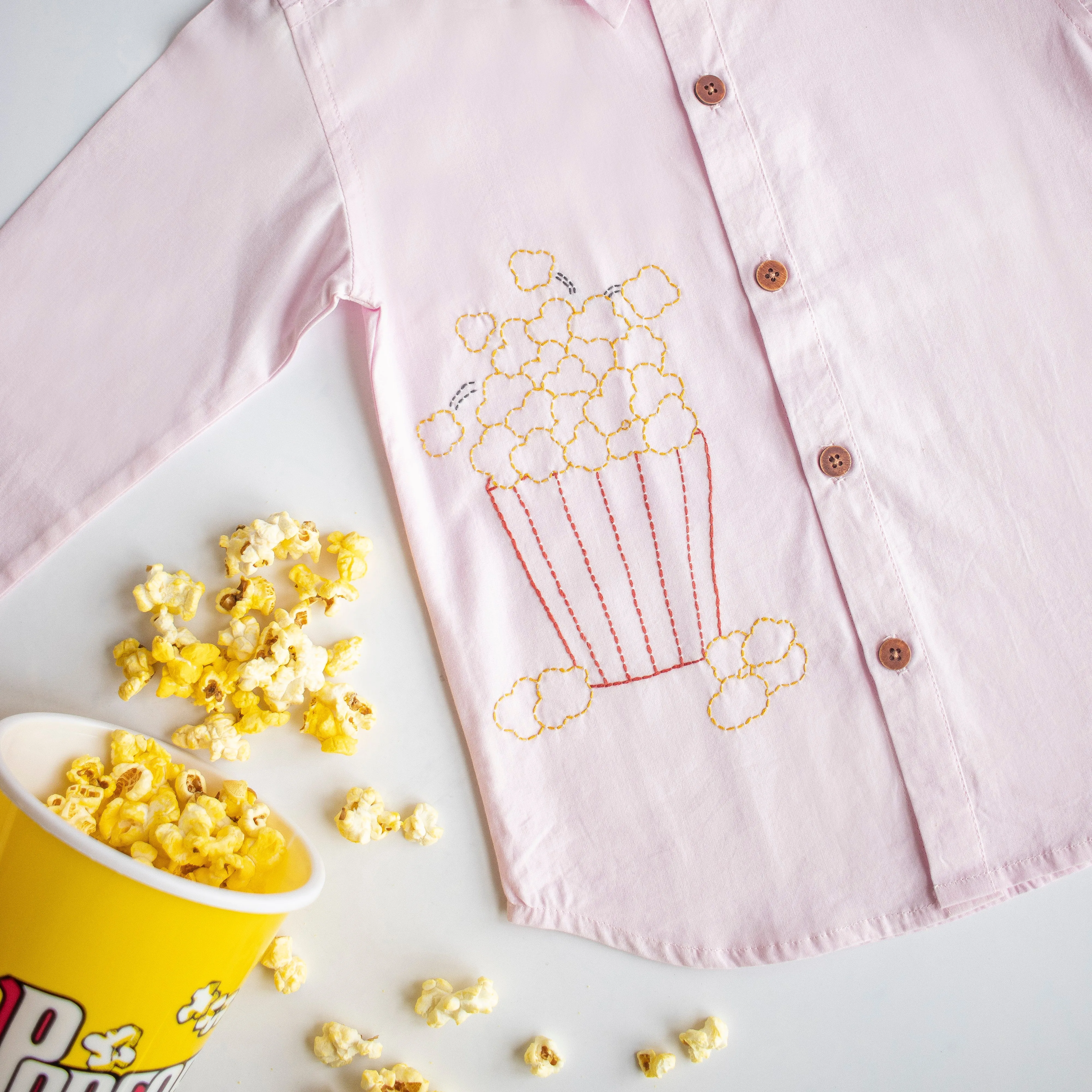 Popcorn Embroidered Unisex Shirt - Light Pink