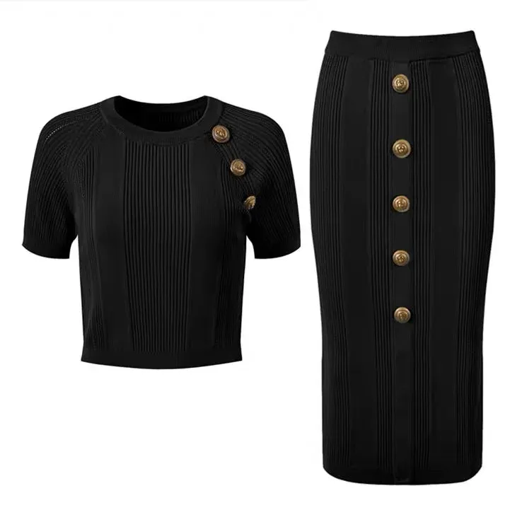 Pre Order:  Gold Button Short Sleeve Knit Top   Pencil Skirt