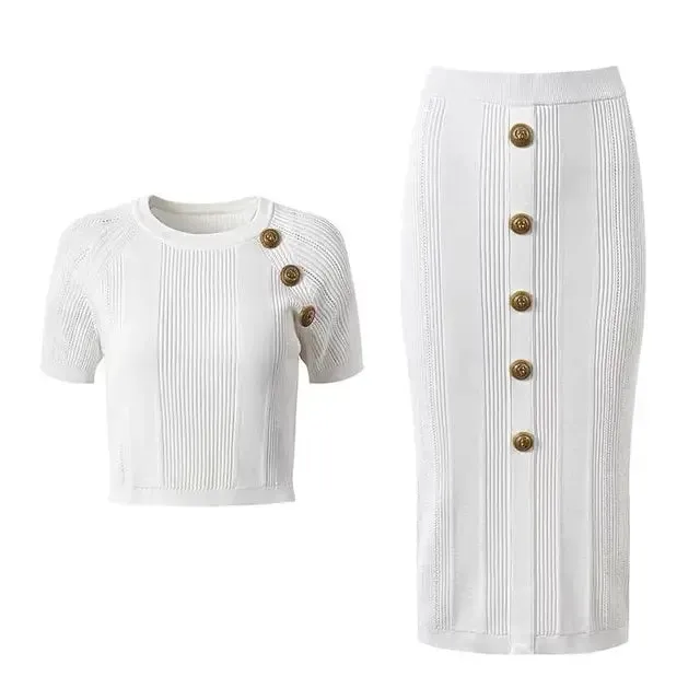 Pre Order:  Gold Button Short Sleeve Knit Top   Pencil Skirt