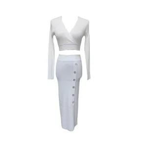 Pre Order: Long Sleeved V-Neck Cropped Top   Button Split Skirt Set