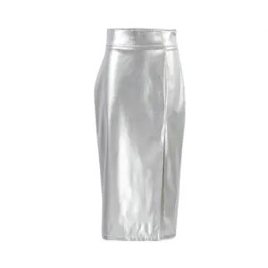 Pre Order: Shiny Silver PU Leather High Waist Front Slit Skirt