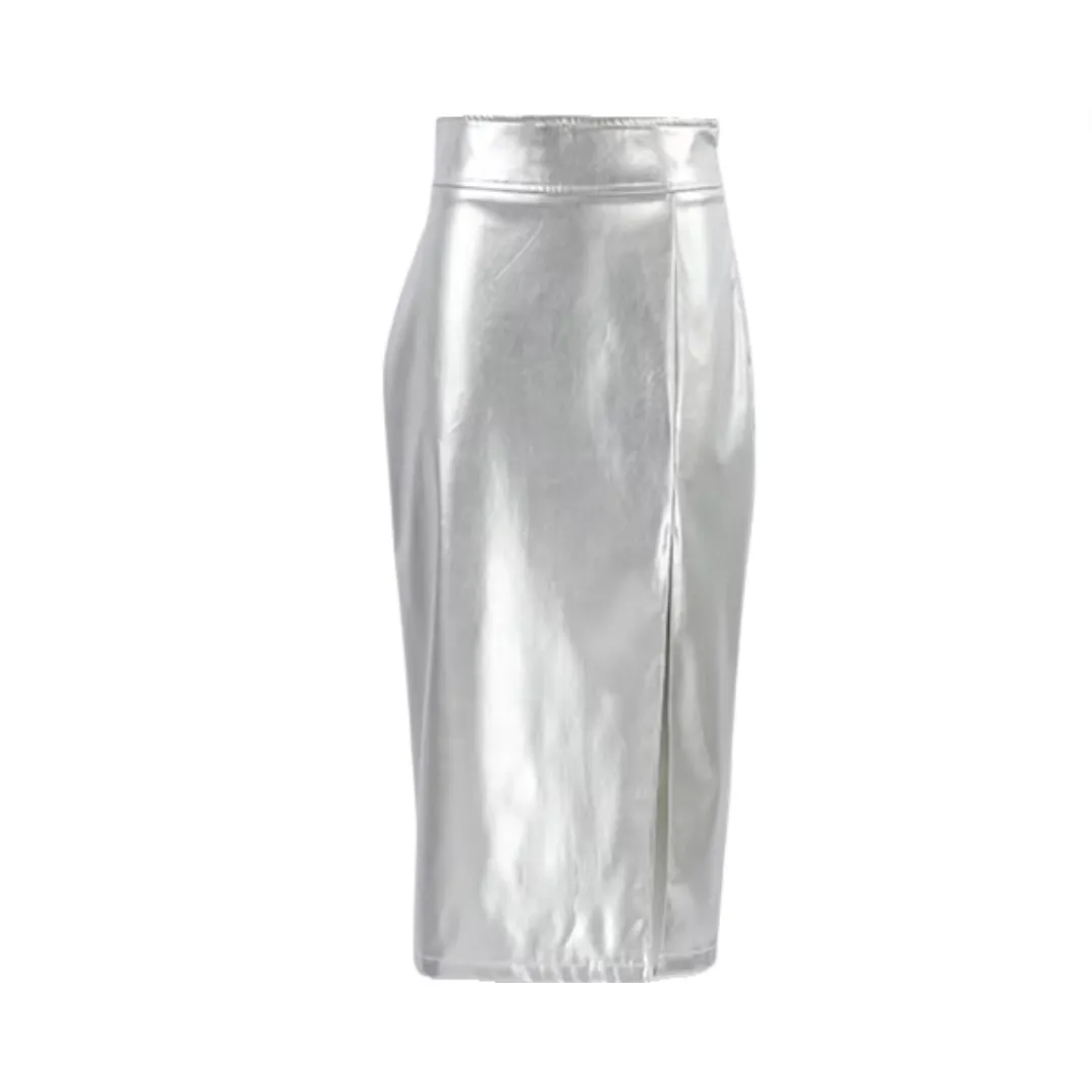 Pre Order: Shiny Silver PU Leather High Waist Front Slit Skirt