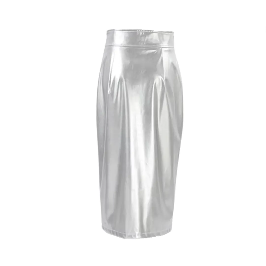 Pre Order: Shiny Silver PU Leather High Waist Front Slit Skirt