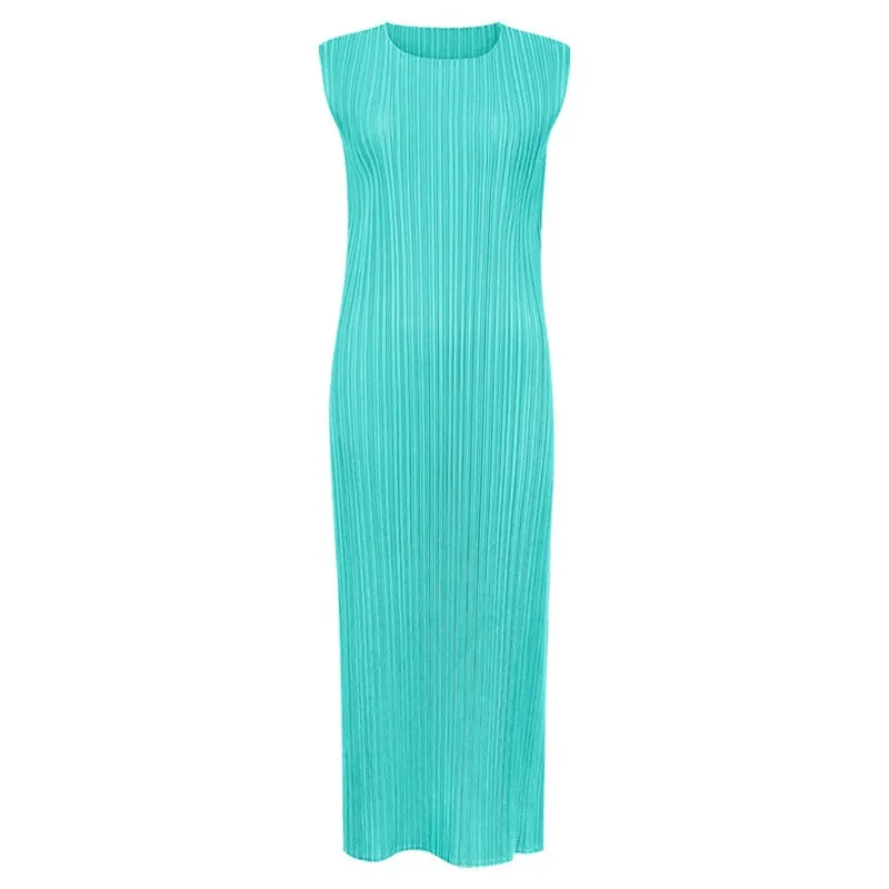 Pre Order:  Solid Pleated Sleeveless Midi Dress