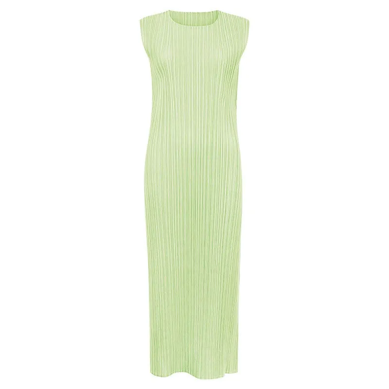 Pre Order:  Solid Pleated Sleeveless Midi Dress