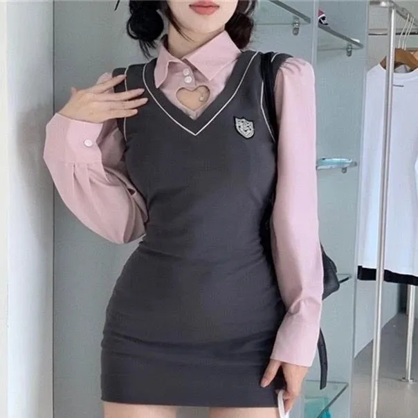 Preppy Style School Student Dress Hotsweet Girls Korean Fashion Bodycon Slim Mini Short Dresses Autumn Two-piece Suit