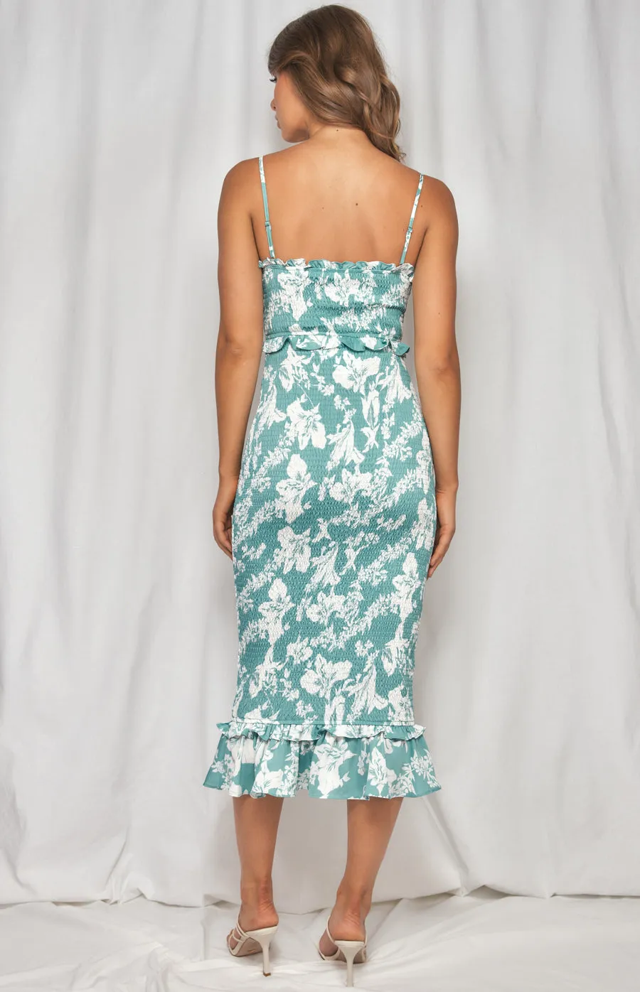 Printed Shirred Midi Dress With Frill Waist Detail