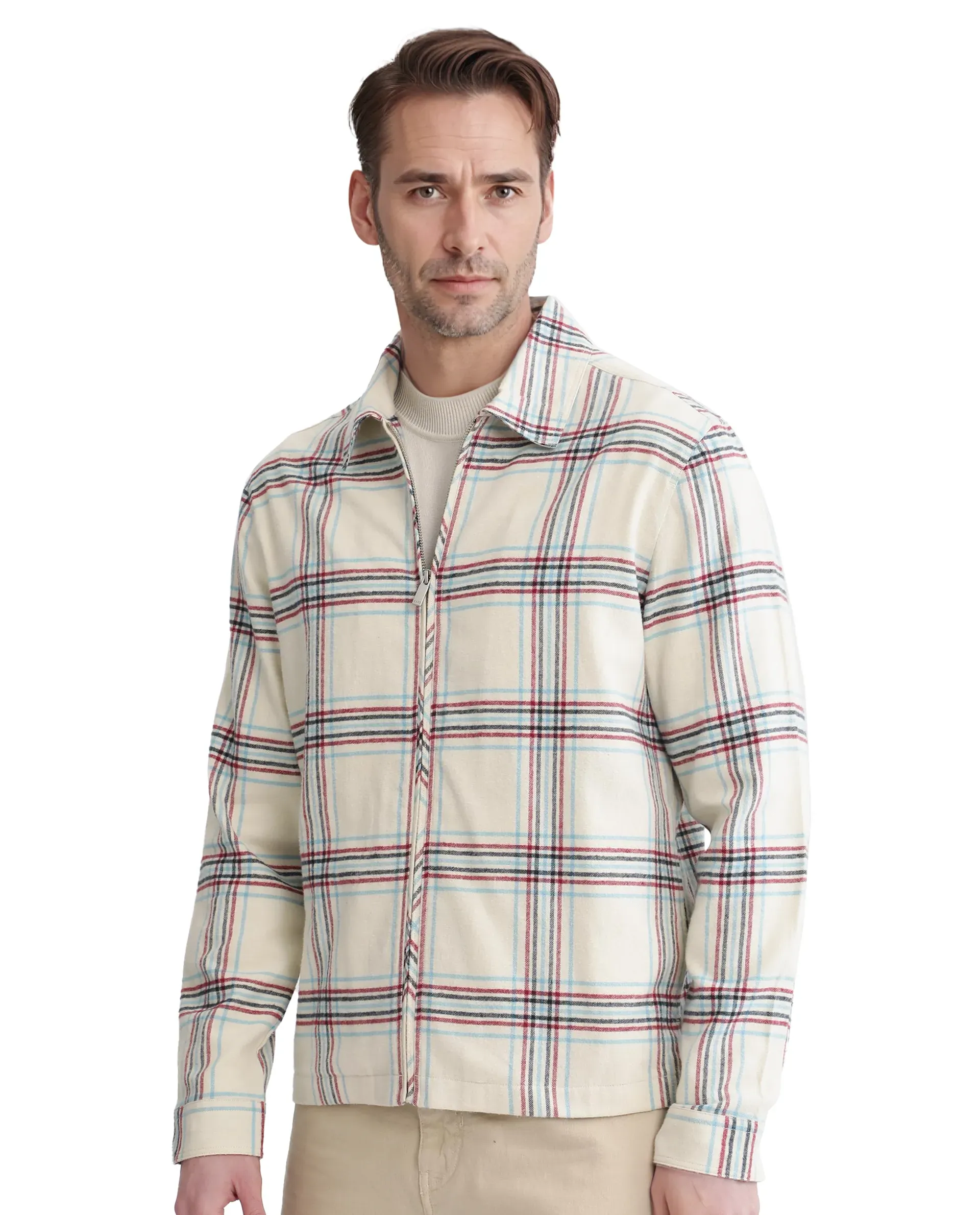 Rare Rabbit Men's Lex Off-White Acrylic Nylon Fabric Full Sleeve Checks Shacket