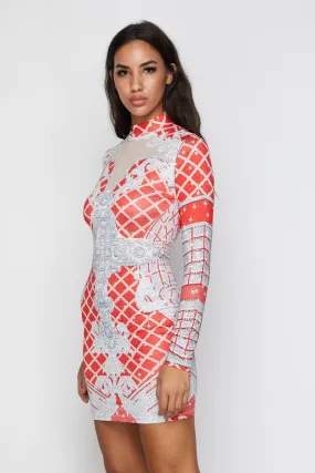 Red Print Long Sleeve Rhinestone Mini Dress