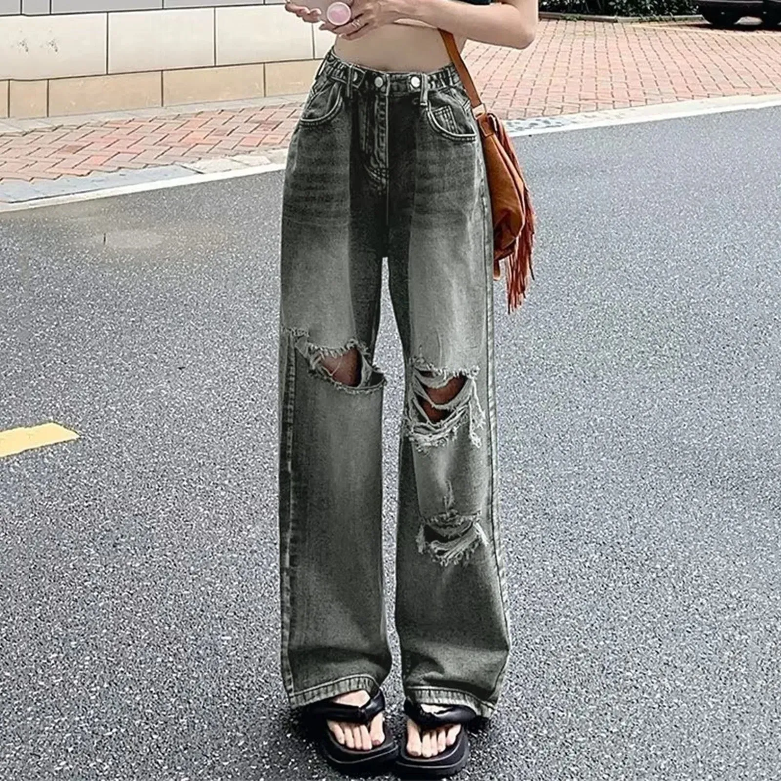 Retro High-waist Wide Leg Cargo Streetwear Jeans