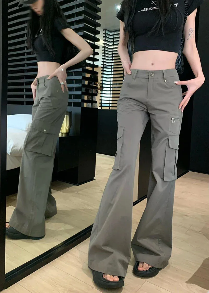 Retro Loose American Streetwear Flare Casual Pocket Low Design Wide-leg Waist Pants