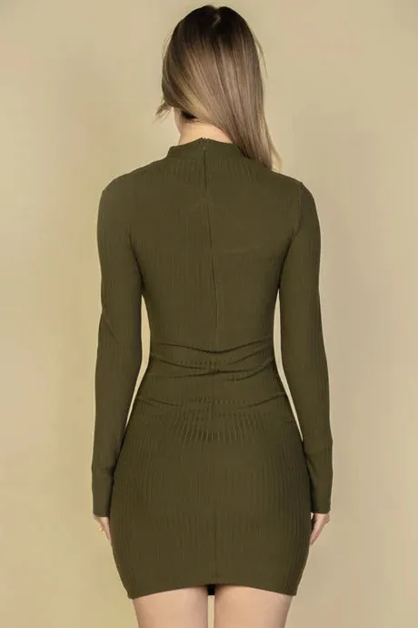 Ribbed Cut Out Front Long Sleeve Bodycon Mini Dress - 3 colors