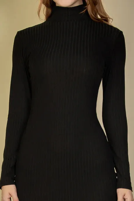 Ribbed Mock Neck Long Sleeve Bodycon Midi Dress - 3 colors