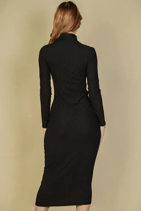 Ribbed Mock Neck Long Sleeve Bodycon Midi Dress - 3 colors