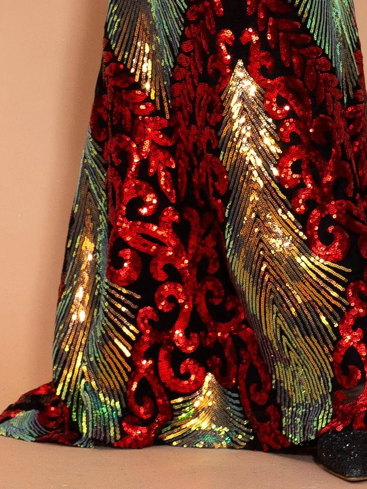 Scarlet Shimmering Brocade Sequin Backless Dress