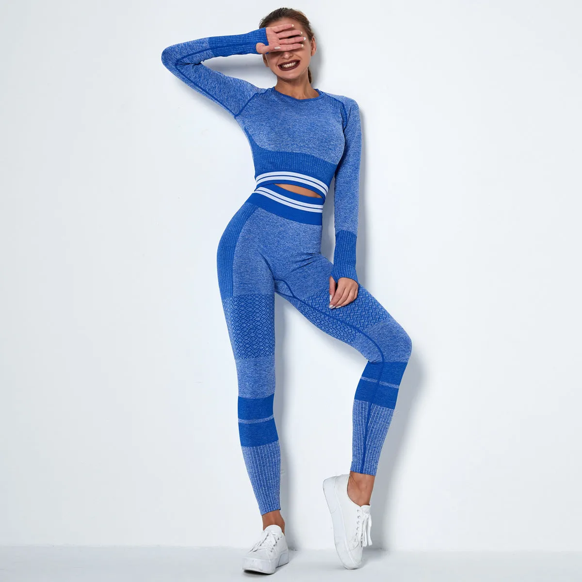 Seamless Knitted Quick-Drying T-shirt Sports Running Yoga Clothes Long-Sleeve Suit Striped Fitness Yoga Pants