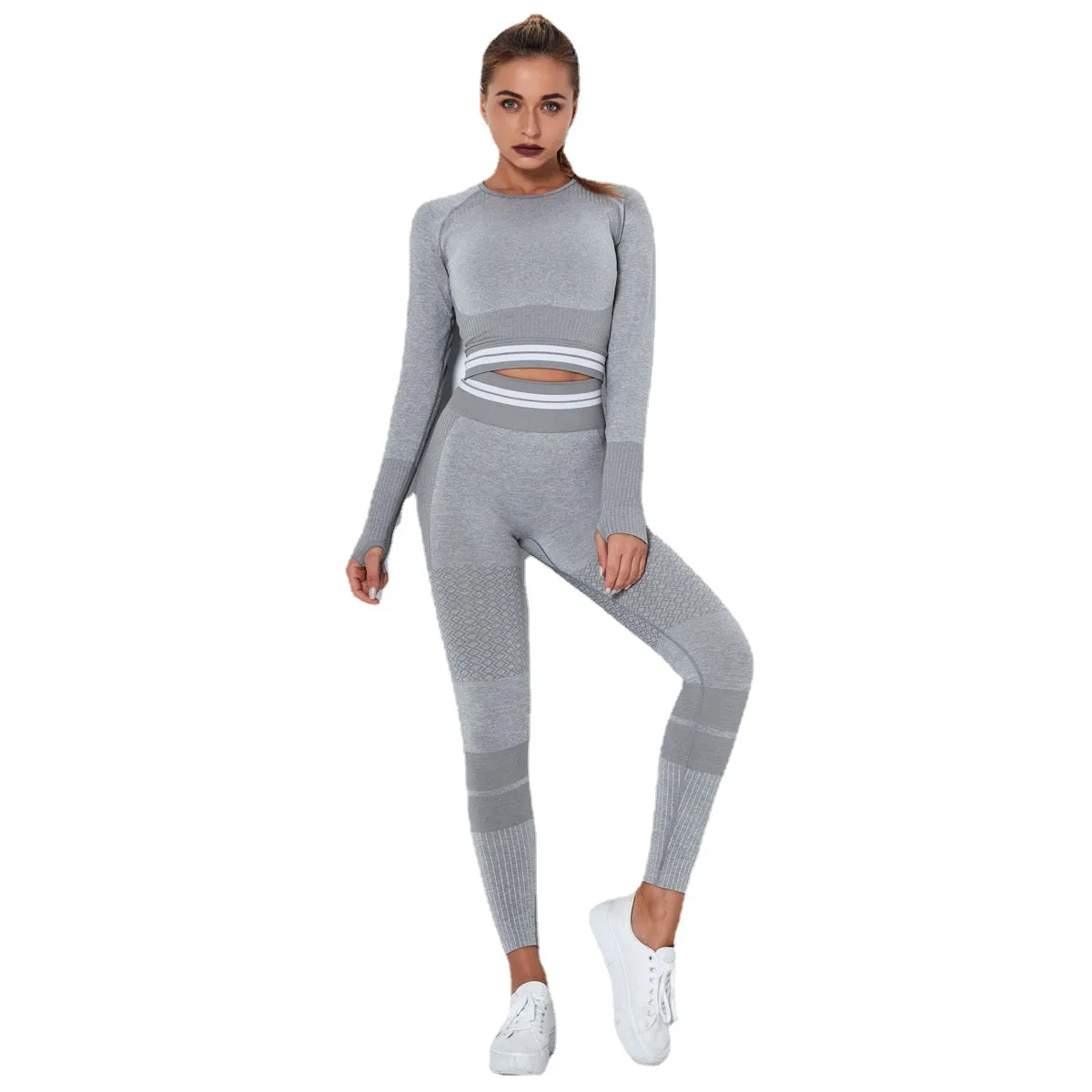 Seamless Knitted Quick-Drying T-shirt Sports Running Yoga Clothes Long-Sleeve Suit Striped Fitness Yoga Pants