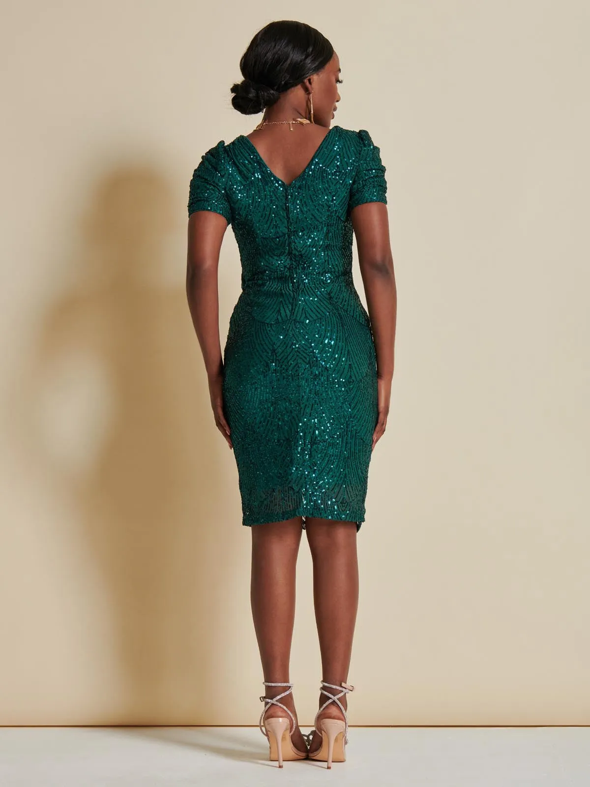 Sequin Ruched Detail Pencil Dress, Green