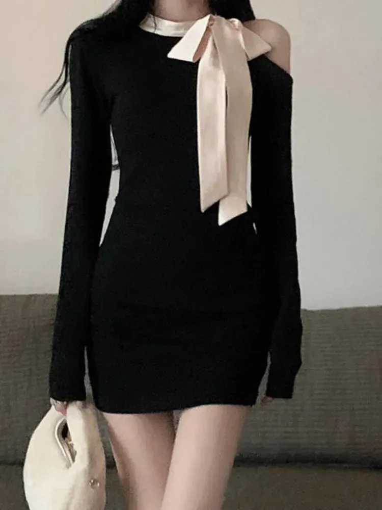 Sexy Off Shoulder Bodycon Black Mini Dress Women Vintage Elegant Party Short Dresses Female Korean Fashion Spring