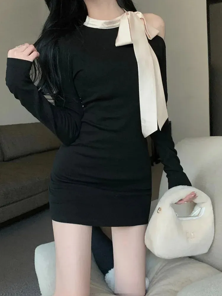 Sexy Off Shoulder Bodycon Black Mini Dress Women Vintage Elegant Party Short Dresses Female Korean Fashion Spring