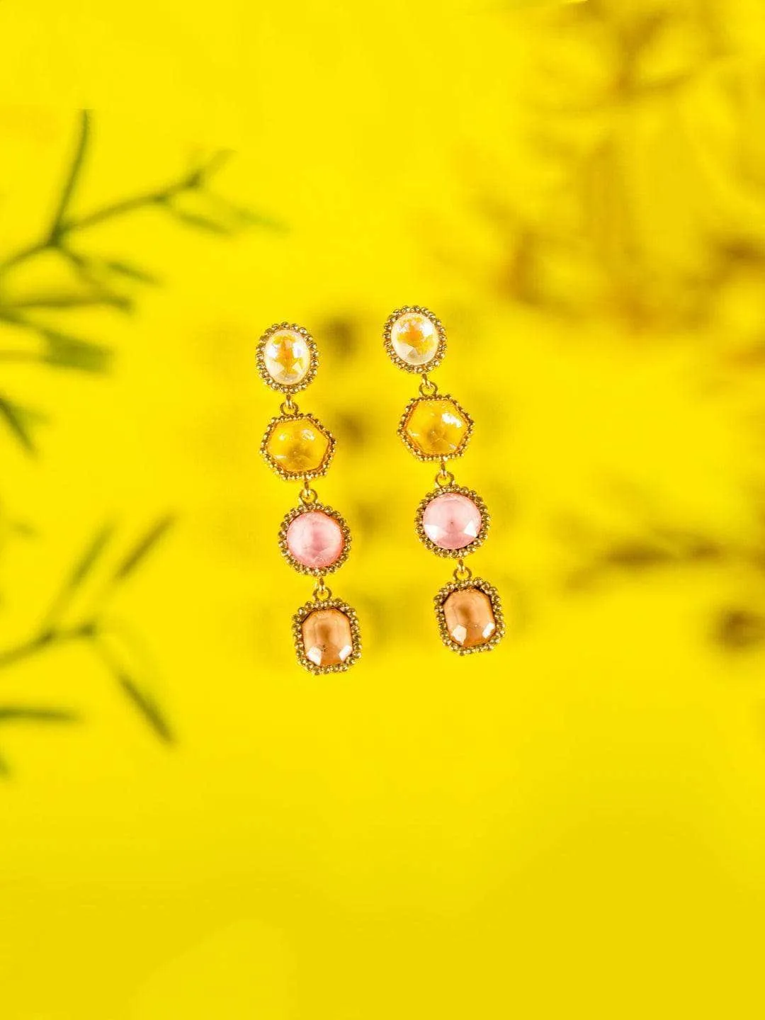 Sonakshi Sinha In Geometric 4 Tiered Earrings Pink