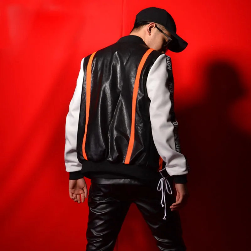 Splice Contrast Stripe Black White Hip Hop Style Men Jacket and Pants Set