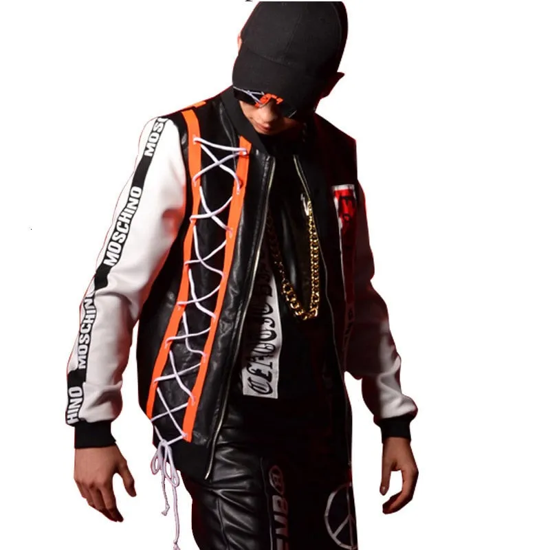 Splice Contrast Stripe Black White Hip Hop Style Men Jacket and Pants Set