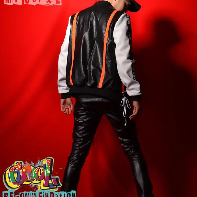 Splice Contrast Stripe Black White Hip Hop Style Men Jacket and Pants Set